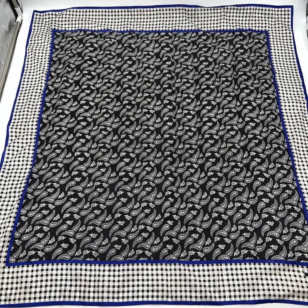 Leslie Fay 100% Silk Scarf Black, White w/Blue & CheckerBoarders Paisley Center